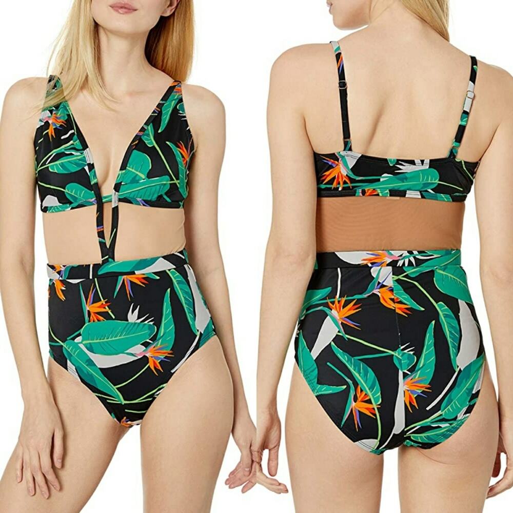 Coastal Blue Tropical Mesh Illusion One-Piece Size 1X